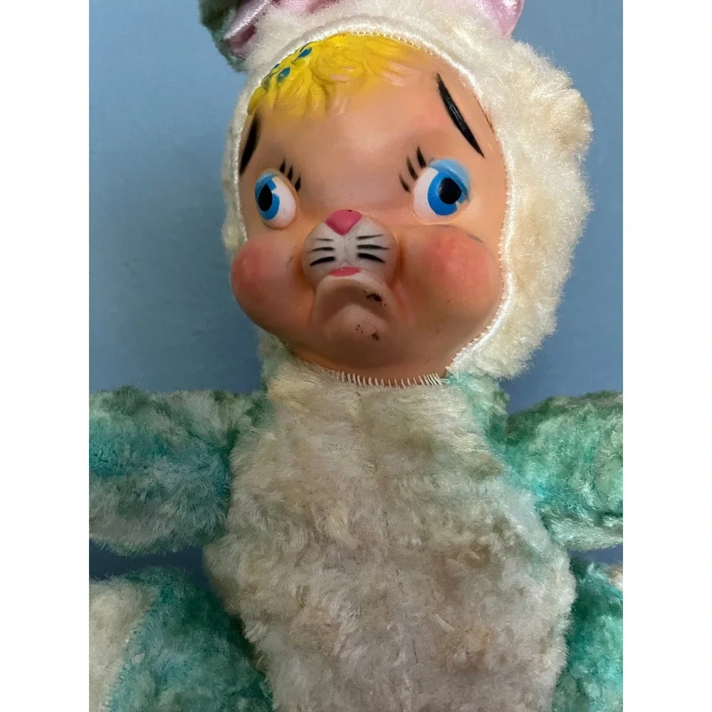 Vintage Rubber Face Pouting Bunny Plush Teal‎ White Sad Face Rushton Style 1950s